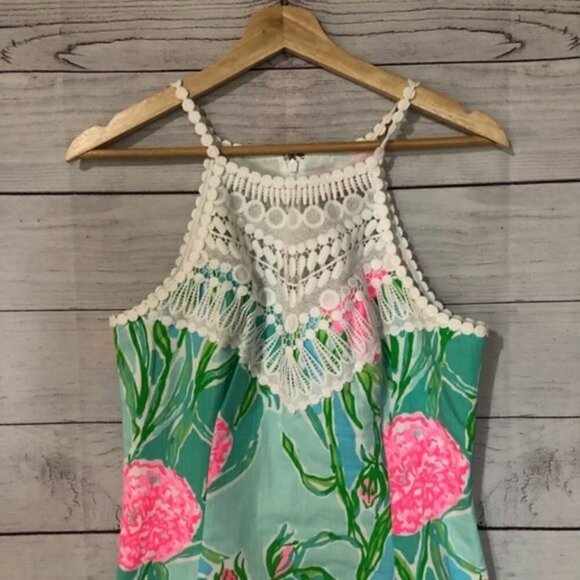 Lilly Pulitzer Pearl Shift Hight Neck Shift Dress Poolside Blue Green Floral 4 - Picture 3 of 7